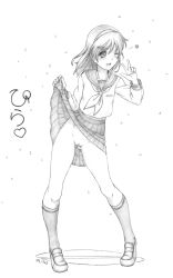 Rule 34 | 1girl, censored, cleft of venus, clothes lift, facing viewer, female focus, flashing, full body, greyscale, hairband, happy, harumachi nagaaki, heart, highres, lifted by self, loafers, midriff peek, monochrome, no panties, one eye closed, petals, pigeon-toed, pleated skirt, pussy, school uniform, serafuku, shoes, simple background, skirt, skirt lift, smile, socks, solo, translated, upskirt, w, white background, wink