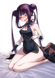 Rule 34 | 1girl, arm warmers, bare hips, bare shoulders, bed sheet, black dress, black footwear, blue eyes, blunt bangs, blush, breasts, cleavage cutout, clothing cutout, cluseller, collarbone, commentary request, double bun, dress, ear blush, fate/grand order, fate (series), female focus, floral print, full body, fur collar, fur trim, hair bun, hair rings, half-closed eyes, hand up, happy, high heels, highres, holding, kneeling, lap pillow invitation, long hair, looking at viewer, medium breasts, nose blush, open mouth, purple hair, ribs, seiza, shoes, short dress, side slit, sitting, sleeveless, sleeveless dress, smile, solo, teeth, twintails, wide hips, yang guifei (fate), yang guifei (first ascension) (fate)