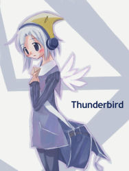 Rule 34 | 1girl, :o, bag, black pantyhose, blue eyes, blush, carrying over shoulder, character name, grey background, hat, headphones, long sleeves, mozilla thunderbird, os-tan, pantyhose, parted lips, purple vest, school bag, short hair, silver hair, simple background, solo, vest
