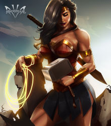 Rule 34 | arkenstellar, armlet, artist name, bare shoulders, black hair, black nails, contrapposto, cowboy shot, dc comics, closed eyes, hair over one eye, hammer, highres, lasso, lasso of truth, lipstick, makeup, marvel, mjolnir (marvel), muscular, muscular female, nail polish, one eye covered, pteruges, red lips, sheath, sheathed, skirt, solo, standing, superhero costume, sword, sword behind back, tiara, weapon, weapon on back, wonder woman, wonder woman (series)