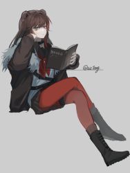 Rule 34 | 1girl, animal ears, arknights, bear ears, bear girl, black footwear, blue eyes, book, boots, brown hair, brown jacket, brown skirt, buyaomoyubuyaomoyu!, crossed legs, fur-trimmed jacket, fur trim, grey background, highres, holding, holding book, invisible chair, jacket, long hair, long sleeves, looking at viewer, multicolored hair, neckerchief, open book, open clothes, open jacket, pantyhose, pleated skirt, red hair, red neckerchief, red pantyhose, school uniform, simple background, sitting, skirt, solo, streaked hair, vest, white vest, zima (arknights)