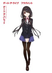 Rule 34 | 1girl, black hair, black jacket, black pantyhose, blue skirt, brown footwear, copyright name, date a live, date a live: date a bullet, dress shirt, female focus, floating hair, full body, heterochromia, highres, jacket, loafers, long hair, looking at viewer, low twintails, miniskirt, neck ribbon, noco (adamas), non-web source, novel illustration, official art, own hands together, pantyhose, pleated skirt, red eyes, red ribbon, ribbon, school uniform, shirt, shoes, simple background, skirt, smile, solo, standing, tokisaki kurumi, twintails, very long hair, white background, white shirt, yellow eyes