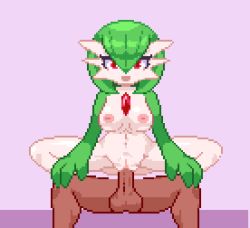 Rule 34 | 1boy, 1girl, animated, animated gif, bouncing breasts, breasts, creatures (company), eyelashes, game freak, gardevoir, gen 3 pokemon, girl on top, green hair, happy sex, hetero, interspecies, lowres, nintendo, nipples, noscium, nude, open mouth, penis, pixel art, pokemon, pokemon (creature), pokephilia, purple background, pussy, red eyes, sex, short hair, smile, squatting, testicles, uncensored, vaginal