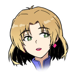 Rule 34 | antenna hair, blonde hair, blue shirt, commentary, diamond earrings, earrings, green eyes, high collar, jewelry, lipstick, looking at viewer, makeup, mole, mole under eye, neon genesis evangelion, parted bangs, portrait, sashimi (sasihmi), shirt, short hair, simple background, solo, tagme, white background