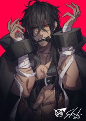 Rule 34 | 1boy, bad id, bad twitter id, bandaged wrist, bandages, biting, black cape, black eyes, black hair, black sclera, cape, chain, colored sclera, commission, copyright request, crossed bangs, cuffed, dated, fingernails, hair between eyes, hands up, head tilt, heterochromia, highres, long hair, looking at viewer, male focus, muscular, muscular male, red background, red eyes, samei ikusa, scar, scar on chest, sharp fingernails, sharp teeth, simple background, skeb commission, solo, teeth, upper body