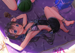 Rule 34 | 1girl, aiuabo, anklet, armpits, barefoot, beach, beach towel, bikini, black eyes, black hair, bracelet, commentary, cooler, food, fruit, hair ornament, hairpin, hermit crab, highres, jewelry, long hair, looking at viewer, lying, mouth hold, nail polish, on side, original, overalls, popsicle stick, sandals, unworn sandals, shade, swimsuit, towel, watermelon