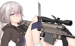 Rule 34 | 1girl, bare legs, bolt action, cheytac m200, close-up, combat knife, commentary, eyes visible through hair, girls&#039; frontline, grey eyes, gun, highres, jacket, knee up, knife, legs, looking at viewer, m200 (girls&#039; frontline), ponytail, rifle, school uniform, silver hair, simple background, single sock, skirt, sniper rifle, socks, soles, solo, tagme, thighs, tied up (nonsexual), vectorek, weapon, white background