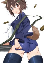 Rule 34 | 1girl, animal ear fluff, animal ears, ass, blue one-piece swimsuit, blue sailor collar, blue shirt, blue thighhighs, brave witches, brown eyes, brown hair, commentary request, dog ears, dog tail, from behind, furuyama itaru, gun, highres, karibuchi hikari, looking at viewer, looking back, one-piece swimsuit, sailor collar, sailor shirt, school swimsuit, shell casing, shirt, short hair, simple background, solo, striker unit, swimsuit, tail, thighhighs, weapon, white background, world witches series