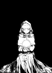 Rule 34 | black background, clasp, demon&#039;s souls, dress, eyebrows, eyelashes, glowing, greyscale, high contrast, highres, holding, hood, maiden astraea, medium hair, monochrome, own hands together, robe, rock, simple background, sitting, solo, soul, straight hair, white dress, white robe