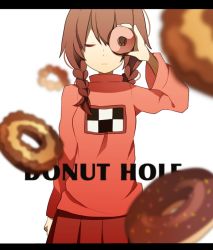 Rule 34 | 1girl, blurry, border, braid, brown hair, depth of field, donut hole (vocaloid), doughnut, closed eyes, food, letterboxed, long hair, long sleeves, madotsuki, old-fashioned doughnut, pink shirt, red skirt, shirt, simple background, skirt, solo, twin braids, uiyuzu (uichoco), vocaloid, white background, yume nikki