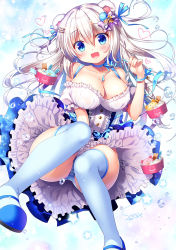 Rule 34 | 1girl, :d, animal ears, bear ears, blue choker, blue dress, blue footwear, blue ribbon, blue thighhighs, bow, breasts, choker, cleavage, collarbone, commentary request, detached sleeves, dress, fang, food, hair between eyes, hair bow, hair ornament, hair ribbon, hairclip, heart, highres, ice cream, ice cream cup, large breasts, long hair, looking at viewer, open mouth, original, panties, puffy short sleeves, puffy sleeves, purple bow, ribbon, sasai saji, shoes, short sleeves, sidelocks, signature, silver hair, smile, solo, striped clothes, striped panties, thighhighs, underwear, very long hair, white sleeves