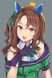 Rule 34 | 1girl, :d, animal ears, bare shoulders, black gloves, bow, brown eyes, brown hair, collared shirt, gloves, green bow, green jacket, grey background, hair between eyes, hair bow, highres, horse ears, jacket, king halo (umamusume), long hair, looking at viewer, nyakonro (nekonro), o-ring, off-shoulder jacket, off shoulder, one side up, open mouth, parted bangs, shirt, short sleeves, simple background, sleeveless, sleeveless shirt, smile, solo, teeth, umamusume, upper body, upper teeth only, white shirt