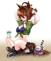 Rule 34 | 1girl, adjusting hair, agnes tachyon (lunatic lab) (umamusume), agnes tachyon (umamusume), ahoge, animal ears, bikini, black bikini, black footwear, black gloves, breasts, brown hair, cleavage, commentary request, criss-cross halter, cross-laced footwear, denim, denim shorts, flask, gloves, green jacket, hair between eyes, halterneck, highres, horse ears, horse girl, horse tail, indian style, jacket, kii-kun (agnes tachyon) (umamusume), kuroneko86, looking at viewer, medium breasts, official alternate costume, open clothes, open fly, open shorts, partial commentary, red eyes, round-bottom flask, sandals, short hair, shorts, simple background, single glove, sitting, sleeves rolled up, smile, solo, swimsuit, tail, thigh strap, tied jacket, toenails, toes, umamusume, white background