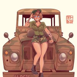 Rule 34 | 1girl, absurdres, artist name, beret, blue eyes, blush, breasts, brown hair, camouflage, camouflage shorts, cleavage cutout, clothing cutout, commission, hat, highres, land rover, license plate, original, shorts, smile, solo, sports utility vehicle, tattoo, thighs, willy pete