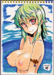 Rule 34 | 1girl, armlet, bad id, bad pixiv id, beads, blush, breasts, cloud, collarbone, colored eyelashes, female focus, from side, green hair, head tilt, kusanagi tonbo, large breasts, light smile, looking at viewer, nipples, nude, ocean, original, outdoors, pink eyes, short hair, signature, sketch, sketchbook, sky, smile, solo, topfreedom, topless frame, traditional media, upper body, water