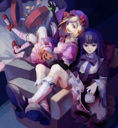 Rule 34 | 2girls, black gloves, blonde hair, blue eyes, blue hair, bow, candy, cat tail, cookie, couch, cup, dress, elbow gloves, food, frederica bernkastel, gloves, hair ornament, hat, highres, jack-o&#039;-lantern, jewelry, kneehighs, lambdadelta, multiple girls, necklace, pink hat, red eyes, ribbon, shoes, socks, striped clothes, striped legwear, striped socks, tail, tail ornament, tail ribbon, teacup, umineko no naku koro ni, vise (artist)