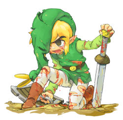 Rule 34 | 1boy, belt, blonde hair, blood, boots, brown eyes, cuts, ezlo, hat, holding, holding sword, holding weapon, injury, kneeling, link, male focus, manly, nintendo, open mouth, pantyhose, pointy ears, shield, sword, tears, the legend of zelda, the legend of zelda: the minish cap, toon link, torn clothes, tunic, usikani, weapon