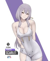 Rule 34 | 1girl, absurdres, arms behind back, artist name, blush, breasts, brown eyes, character name, cleavage, closed mouth, clothing cutout, goddess of victory: nikke, grey hair, hair between eyes, highres, lazier, leotard, logo, long hair, looking at viewer, medium breasts, scarlet (nikke), smile, solo, thigh gap, white leotard