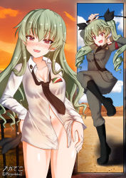 Rule 34 | 1girl, anchovy (girls und panzer), anzio military uniform, blush, bottomless, breasts, cleavage, collarbone, covered erect nipples, drill hair, girls und panzer, green hair, groin, hair ornament, hair ribbon, highres, long hair, looking at viewer, medium breasts, megadeko, military, military uniform, multiple views, navel, no panties, open mouth, red eyes, ribbon, riding crop, shirt, smile, standing, twin drills, uniform, white shirt