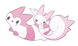 :3 alternate_color animal_focus animal_hands black_eyes creatures_(company) ferret full_body furret game_freak gen_2_pokemon gen_4_pokemon highres looking_at_viewer masayo_(skip) nintendo no_humans pachirisu pink_fur pokemon pokemon_(creature) shiny_pokemon simple_background squirrel tail two-tone_fur white_background white_fur