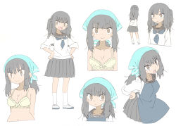Rule 34 | 1girl, :&gt;, absurdres, angry, apron, bad id, bad pixiv id, bandana, bare shoulders, black hair, blue apron, blue bandana, blunt bangs, bow, bow bra, bra, breasts, brown eyes, character sheet, cleavage, closed mouth, collarbone, expressionless, expressions, facing away, frilled bra, frills, hands on own hips, happy, high ponytail, highres, kneehighs, lingerie, long hair, looking at viewer, masikakuma, md5 mismatch, medium breasts, midriff, miniskirt, multiple views, navel, neckerchief, open mouth, original, pleated skirt, ponytail, resolution mismatch, school uniform, serafuku, shoes, sidelocks, simple background, skirt, sleeves rolled up, smile, socks, standing, underwear, uwabaki, white background, white socks, yellow bra