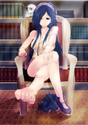 Rule 34 | 1girl, bad id, bad pixiv id, bare shoulders, barefoot, blue eyes, blue hair, book, breasts, chair, cleavage, dress, earrings, eon (bottomline), feet, female focus, foot focus, hair ornament, highres, jewelry, large breasts, legs, crossed legs, library, long hair, matching hair/eyes, shoes, single shoe, sitting, skull, smile, solo, succubus quest, sundress, toe scrunch, toes, tomohiro kai