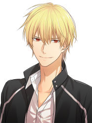 Rule 34 | 1boy, adapted costume, akuta michi, blonde hair, casual, contemporary, fate/stay night, fate (series), gilgamesh (fate), hair between eyes, looking at viewer, male focus, official alternate costume, red eyes, slit pupils, smile, solo, upper body