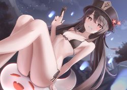 Rule 34 | 1girl, ass, bare arms, bare legs, bare shoulders, bikini, black bikini, black hair, black hat, black nails, breasts, collarbone, feet out of frame, flower, front-tie bikini top, front-tie top, genshin impact, ghost, grin, halterneck, hat, hat flower, highres, hitodama, holding, hu tao (genshin impact), jewelry, long hair, looking at viewer, marinesnow, micro bikini, multiple rings, nail polish, red eyes, ring, side-tie bikini bottom, small breasts, smile, solo, star-shaped pupils, star (symbol), string bikini, swimsuit, symbol-shaped pupils, talisman, thighs, twintails, very long hair