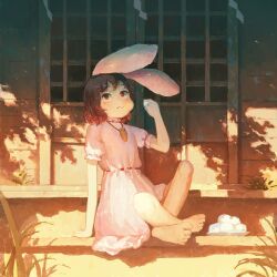 Rule 34 | 1girl, animal ears, arm support, barefoot, black hair, blush, carrot necklace, crossed ankles, dango, dress, eating, fjsmu, flat chest, food, frills, full body, hand up, highres, holding, holding food, inaba tewi, jewelry, looking to the side, necklace, outdoors, pink dress, puffy short sleeves, puffy sleeves, rabbit ears, red eyes, shadow, short hair, short sleeves, sitting, sliding doors, solo, toes, touhou, wagashi