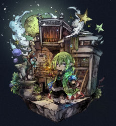 Rule 34 | black background, black shirt, blouse, book, cloud, final fantasy, final fantasy xi, fujiwara akina, full moon, green hair, highres, isometric, jewelry, looking at viewer, moon, necklace, plant, pointy ears, potted plant, purple eyes, shirt, short hair, solo, standing, tarutaru