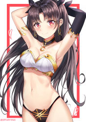 Rule 34 | 1girl, absurdres, armlet, armpits, arms behind back, arms up, asymmetrical sleeves, bandeau, bikini, black bikini, black hair, blush, breasts, cleavage, detached sleeves, earrings, fate/grand order, fate (series), gold trim, heart, highres, hoop earrings, ishtar (fate), jewelry, long hair, looking at viewer, machin4719, medium breasts, midriff, mismatched bikini, navel, neck, neck ring, parted bangs, red eyes, revealing clothes, single detached sleeve, smile, solo, standing, stomach, strapless, strapless bikini, string bikini, swimsuit, two side up, uneven sleeves, very long hair, white bikini