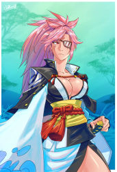 Rule 34 | 1girl, absurdres, baiken, breasts, cleavage, eyepatch, facial tattoo, guilty gear, guilty gear xrd, guilty gear xrd r2, highres, large breasts, long hair, looking to the side, pink hair, ponytail, solo, sword, tattoo, wallace pires, weapon