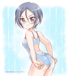 Rule 34 | 1girl, adjusting clothes, adjusting swimsuit, artist name, ass, back, back cutout, blue background, blue one-piece swimsuit, closed mouth, clothing cutout, commentary, dated, from behind, girls und panzer, glasses, grey eyes, grey hair, hair between eyes, kuromori yako, leaning forward, looking at viewer, looking back, one-hour drawing challenge, one-piece swimsuit, rimless eyewear, round eyewear, rumi (girls und panzer), short hair, smile, solo, striped, striped background, swept bangs, swimsuit, thighs, vertical stripes
