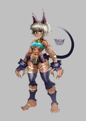 Rule 34 | 1girl, abs, animal ears, bare shoulders, barefoot, belt pouch, blue eyes, breasts, cat ears, cat girl, claws, closed mouth, crop top, dark-skinned female, dark skin, detached leggings, fang, fingerless gloves, fingernails, full body, gloves, highres, ms. fortune (skullgirls), muscular, muscular female, notched ear, pouch, revealing clothes, sharp fingernails, signature, skullgirls, solo, stitches, tail, the golden smurf, underboob, white hair