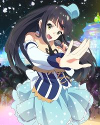 Rule 34 | 10s, 1girl, bare shoulders, black hair, detached sleeves, foreshortening, green eyes, hat, long hair, looking at viewer, microphone, mini hat, mini top hat, music, nanase yoshino, official art, open mouth, singing, skirt, snowing, solo focus, top hat, wake up girls!, wake up girls! stage no tenshi