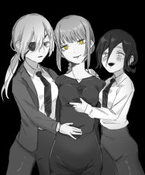 Rule 34 | 3girls, absurdres, black dress, black eyes, black necktie, black pants, black suit, blush, braid, braided ponytail, business suit, chainsaw man, collarbone, collared shirt, couple, dress, expressionless, eyepatch, formal, greyscale, hair between eyes, hair bun, hand on another&#039;s chest, hand on another&#039;s stomach, hand on breast, high-waist pants, highres, long sleeves, looking at viewer, makima (chainsaw man), monochrome, multiple girls, necktie, office lady, open mouth, pants, ponytail, quanxi (chainsaw man), reze (chainsaw man), ringed eyes, shirt, shirt tucked in, silver hair, single hair bun, smile, suit, white shirt, wife and wife and wife, yellow eyes, yuri
