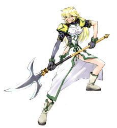 Rule 34 | .hack//, .hack//games, 1girl, bandai, blonde hair, boots, cyber connect 2, fighting stance, gardenia, gardenia (.hack//), gloves, long hair, no panties, polearm, red eyes, single elbow glove, single glove, solo, spear, weapon