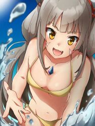 Rule 34 | 1girl, :d, animal ears, bikini, breasts, chest jewel, cowboy shot, day, facial mark, fang, grey hair, highena, highres, leaning forward, long hair, looking at viewer, low twintails, nia (blade) (xenoblade), nia (xenoblade), open mouth, outdoors, side-tie bikini bottom, small breasts, smile, solo, swimsuit, twintails, very long hair, water, xenoblade chronicles (series), xenoblade chronicles 2, yellow bikini, yellow eyes
