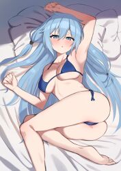 1girl arm_up armpits ass bikini blue_eyes blue_hair breasts collarbone duel_monster eria_(yu-gi-oh!) eria_the_water_charmer hair_between_eyes highres long_hair looking_at_viewer pillow shinatsukou side-tie_bikini_bottom solo swimsuit thighs very_long_hair yu-gi-oh!