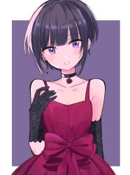 Rule 34 | 1girl, bare shoulders, black choker, black gloves, black hair, blunt bangs, blush, bob cut, border, bow, breasts, choker, cleavage, collarbone, dot nose, dress, dress bow, earrings, elbow gloves, gloves, hand up, highres, idolmaster, idolmaster cinderella girls, idolmaster cinderella girls starlight stage, jewelry, lace, lace gloves, looking at viewer, open mouth, outside border, purple background, purple eyes, red bow, red dress, shirayuki chiyo, short hair, simple background, sleeveless, sleeveless dress, small breasts, solo, upper body, white border, yumi san0112