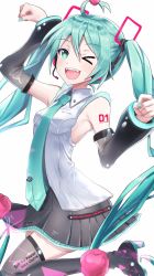 Rule 34 | &gt; o, 1girl, ahoge, aqua eyes, aqua hair, aqua nails, aqua necktie, bare shoulders, black skirt, black sleeves, black thighhighs, blouse, breasts, commentary, detached sleeves, fangs, hair ornament, hands up, hatsune miku, hatsune miku (vocaloid4), headphones, headset, highres, itogari, leg up, long hair, looking at viewer, miniskirt, nail polish, necktie, one eye closed, open mouth, paw pose, pleated skirt, pom pom (cheerleading), see-through, see-through legwear, see-through sleeves, shirt, shoulder tattoo, sideboob, skirt, sleeveless, sleeveless shirt, smile, solo, tattoo, thighhighs, twintails, upper body, v4x, very long hair, vocaloid, white background, white shirt, wonderlands x showtime miku, zettai ryouiki
