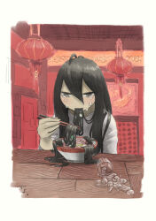 Rule 34 | 1girl, antenna hair, architecture, black eyes, black hair, blush, border, bowl, chiyo maru, chopsticks, commentary, crying, crying with eyes open, cup, drinking glass, east asian architecture, eating hair, food, hair between eyes, hair flowing over, hair in food, hand up, highres, holding, holding chopsticks, ice, ice cube, indoors, lantern, long hair, looking down, noodles, original, paper lantern, ramen, restaurant, shirt, short sleeves, signature, solo, spill, table, tears, translation request, very long hair, water, white border, white shirt
