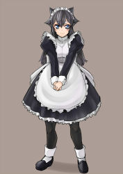 Rule 34 | 1girl, animal ears, black dress, black footwear, black hair, black pantyhose, blue eyes, blush, brown background, closed mouth, commentary request, dress, frilled dress, frills, full body, hair between eyes, highres, iga tamaki, juliet sleeves, loafers, long hair, long sleeves, maid, original, pantyhose, puffy sleeves, shoes, simple background, smile, solo, standing, thick eyebrows, v arms, very long hair, white dress, white pantyhose