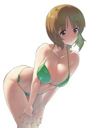 Rule 34 | 1girl, absurdres, bare arms, bare shoulders, bent over, bikini, breasts, brown eyes, brown hair, cleavage, commentary request, cowboy shot, fingernails, girls und panzer, green bikini, green nails, halterneck, hands on own thighs, highres, large breasts, looking at viewer, nail polish, nishizumi miho, parted lips, sasaki tatsuya, shade, short hair, side-tie bikini bottom, simple background, solo, standing, string bikini, swimsuit, white background