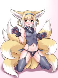 Rule 34 | 1girl, absurdres, animal ear fluff, animal ears, animal hands, arknights, bare shoulders, bell, blonde hair, blush, breasts, collarbone, cosplay, fate/kaleid liner prisma illya, fate (series), fox ears, fox girl, fox tail, full body, fur-trimmed gloves, fur trim, garter straps, gloves, green eyes, grey gloves, grey shirt, grey thighhighs, hair between eyes, highres, jingle bell, kitsune, kneeling, kyuubi, miyu edelfelt (beast style), miyu edelfelt (beast style) (cosplay), multicolored hair, multiple tails, navel, nose blush, open mouth, paw gloves, rylaera, shirt, sleeveless, sleeveless shirt, small breasts, solo, suzuran (arknights), tail, thighhighs, two-tone hair, variant set, wavy mouth, white hair
