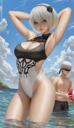 Rule 34 | 1boy, 1girl, 2b (nier:automata), 9s (nier:automata), adapted costume, armpits, arms up, ball, bare hips, beachball, black flower, black hairband, black male swimwear, black one-piece swimsuit, black swim trunks, blindfold, blood, blue eyes, blue sky, casual one-piece swimsuit, closed mouth, cloud, collarbone, commentary, covered eyes, cowboy shot, day, english commentary, flower, grey hair, hair flower, hair ornament, hairband, highres, lips, looking at viewer, male swimwear, mole, mole under mouth, multicolored one-piece swimsuit, nier:automata, nier (series), nipples, nosebleed, one-piece swimsuit, outdoors, sciamano240, short hair, signature, skindentation, sky, swim trunks, swimsuit, turtleneck, turtleneck one-piece swimsuit, wading, water, white one-piece swimsuit