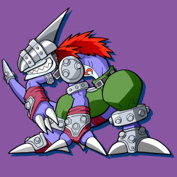 Rule 34 | 1boy, absurdres, armor, artist request, blindfold, chest tattoo, claws, digimon, digimon (creature), dragon, dragon boy, dragon tail, full body, grin, highres, monster, muscular, no humans, pants, pectorals, purple background, sharp teeth, shoulder armor, shoulder pads, simple background, smile, solo, squatting, strikedramon, tail, tattoo, teeth