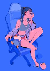 Rule 34 | 1girl, blue background, blue eyes, blue hair, blush stickers, breasts, chair, cleavage, creatures (company), ear piercing, game freak, gaming chair, gen 4 pokemon, glasses, hand on own face, highres, jacket, jewelry, matumot, midriff, nintendo, open clothes, open jacket, original, piercing, piplup, pokemon, ring, shorts, small breasts, stuffed animal, stuffed toy, swivel chair, tank top, twintails