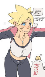 Rule 34 | ..., 1boy, 1girl, ac120, bent over, black jacket, black pants, blonde hair, blue eyes, blush, boruto: naruto next generations, cape, collarbone, collared jacket, cowboy shot, english text, facial mark, feet out of frame, genderswap, genderswap (mtf), highres, jacket, leaning forward, midrff, naruto (series), navel, open clothes, open jacket, outstretched arms, pants, parted lips, shirt, short hair, simple background, solo focus, speech bubble, standing, sweat, uzumaki boruto, uzumaki naruto, whisker markings, white background, white cape, white shirt