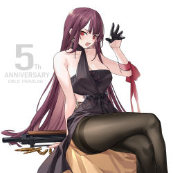 Rule 34 | 1girl, absurdres, anniversary, bare shoulders, blush, breasts, bullet, bullpup, cleavage, collarbone, dress, earrings, evening gown, girls&#039; frontline, gloves, gun, half gloves, highres, jewelry, official alternate costume, pantyhose, purple hair, red eyes, rifle, sniper rifle, solo, wa2000 (ballroom interlude) (girls&#039; frontline), wa2000 (girls&#039; frontline), walther, walther wa 2000, weapon, yitiao er-hua